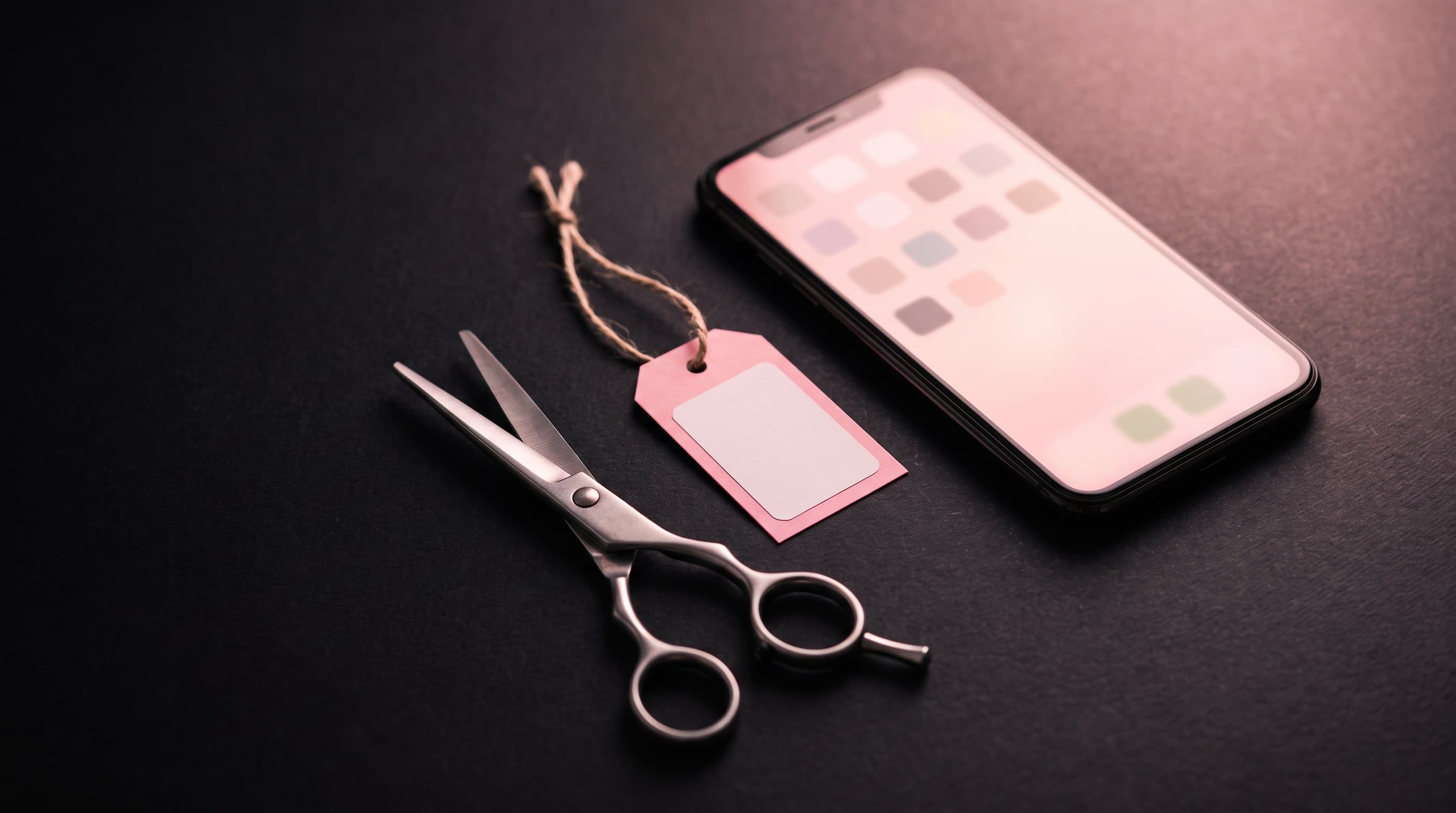 Hairstyling shears and a blank price tag next to a phone showing a glowing pink content grid