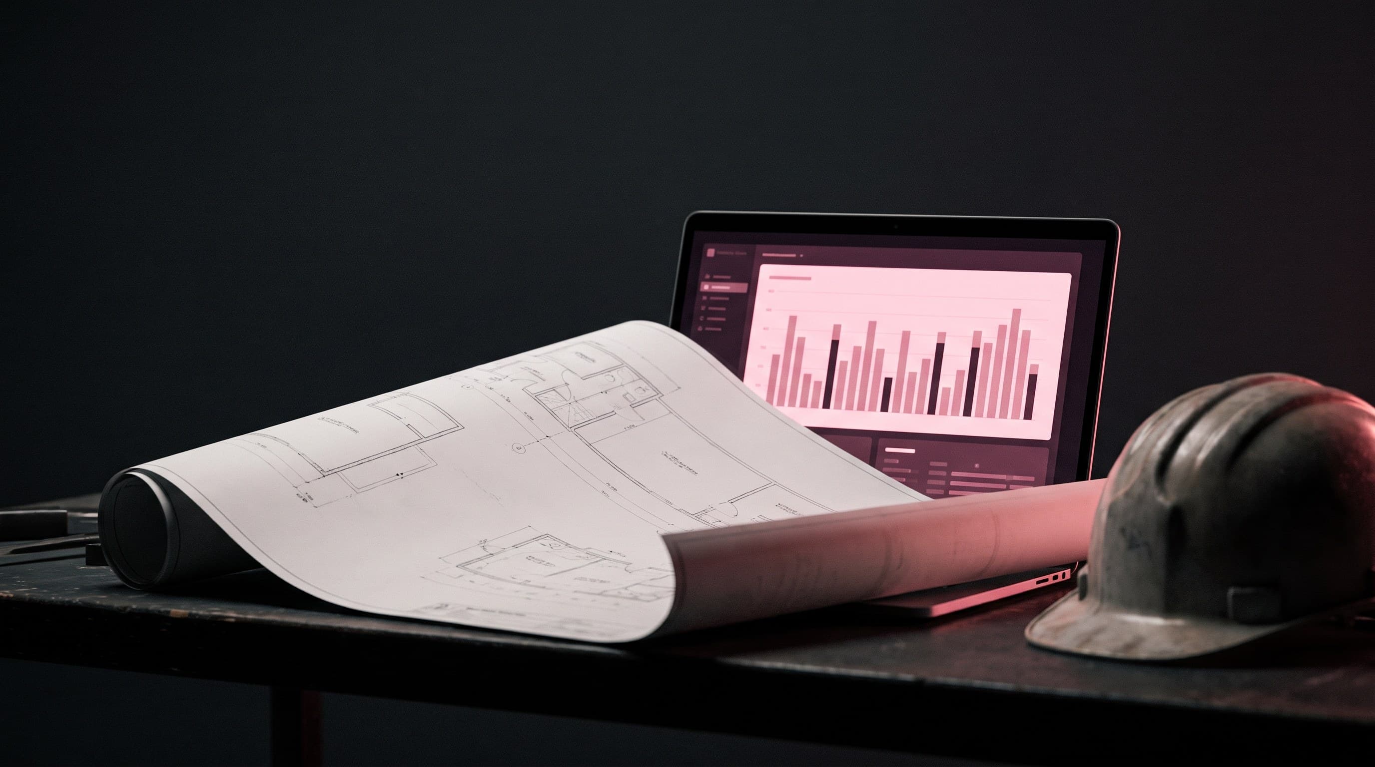 A blueprint and a laptop showing a glowing pink analytics dashboard, with a hard hat resting nearby on a workbench