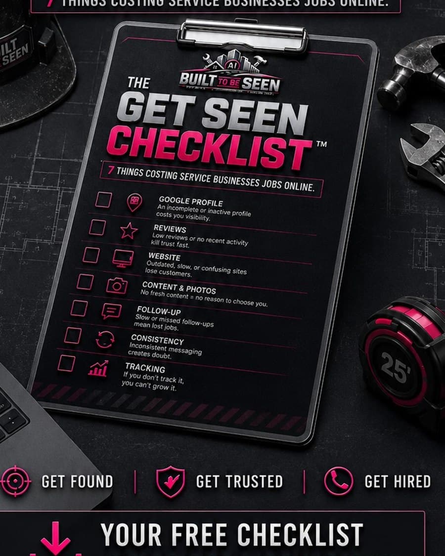 The Get Seen Checklist on a clipboard, surrounded by trade tools