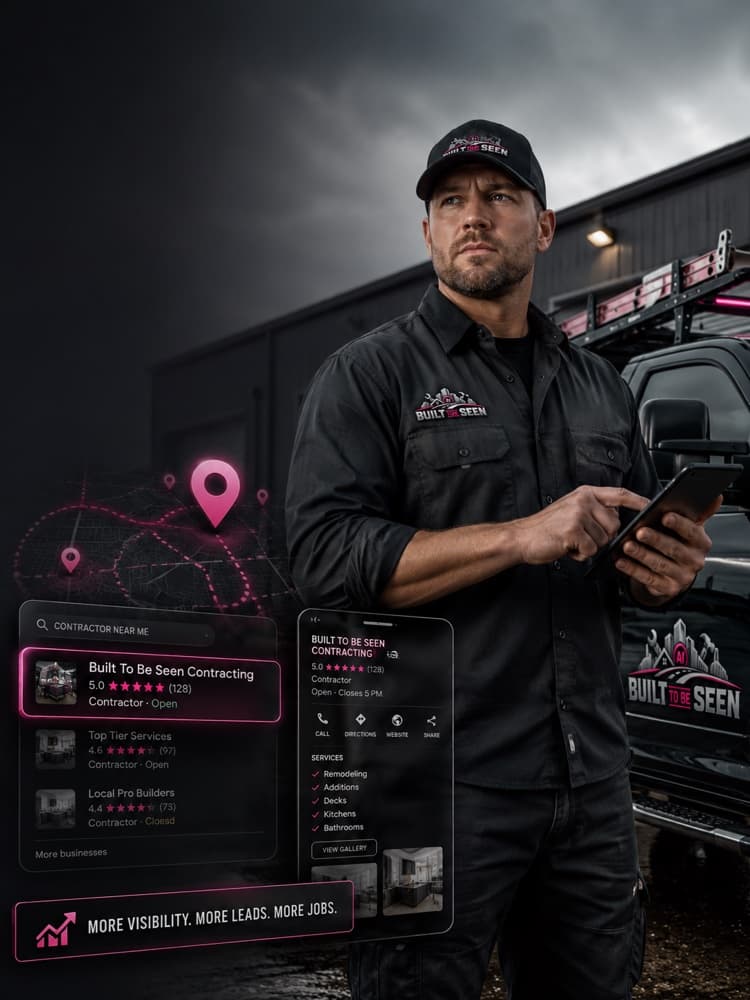 A Built To Be Seen contractor checking a phone showing his business ranked first in local search results