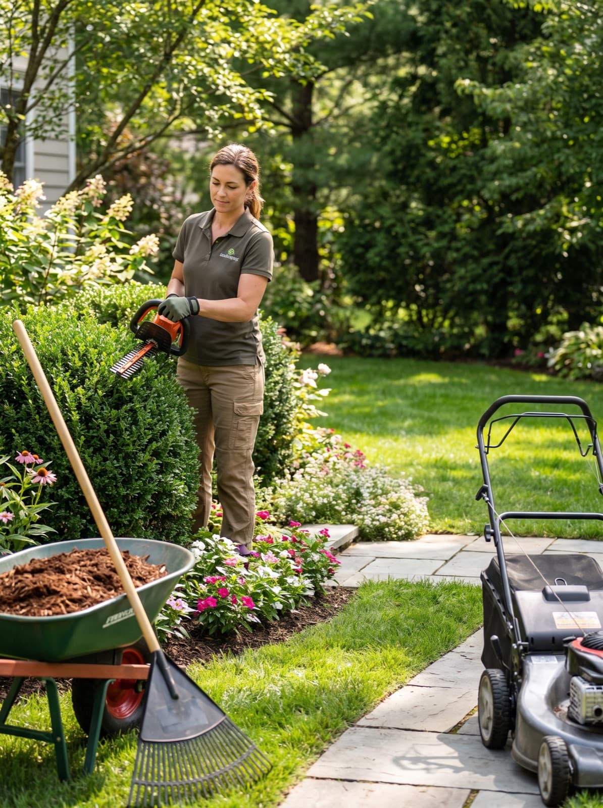 A landscaper trimming hedges in a residential backyard