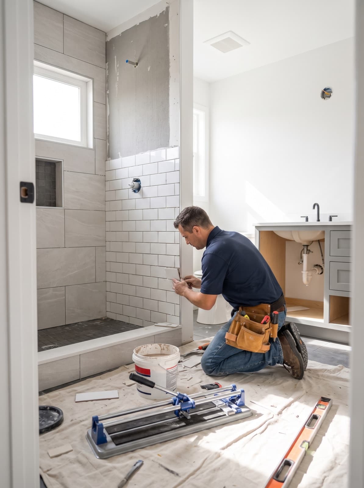 A plumbing and remodeling contractor tiling a bathroom shower