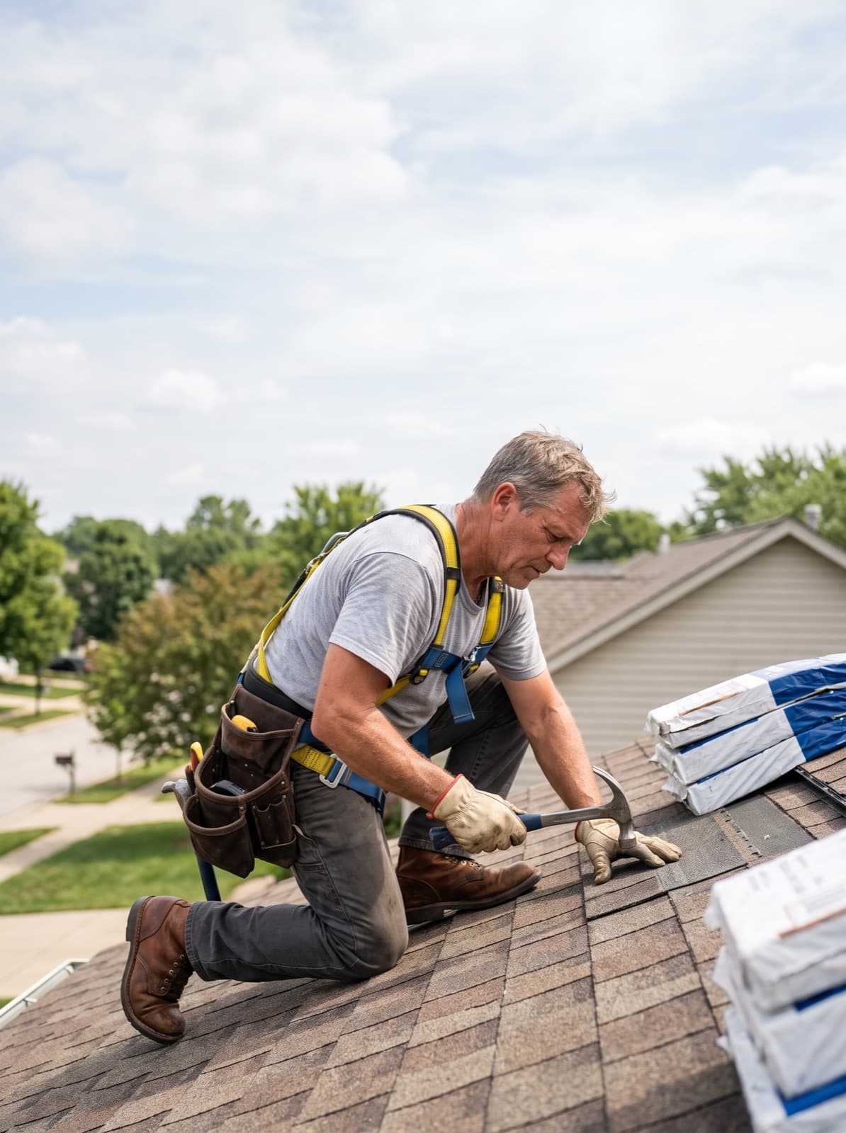 A roofing contractor installing shingles on a residential roof
