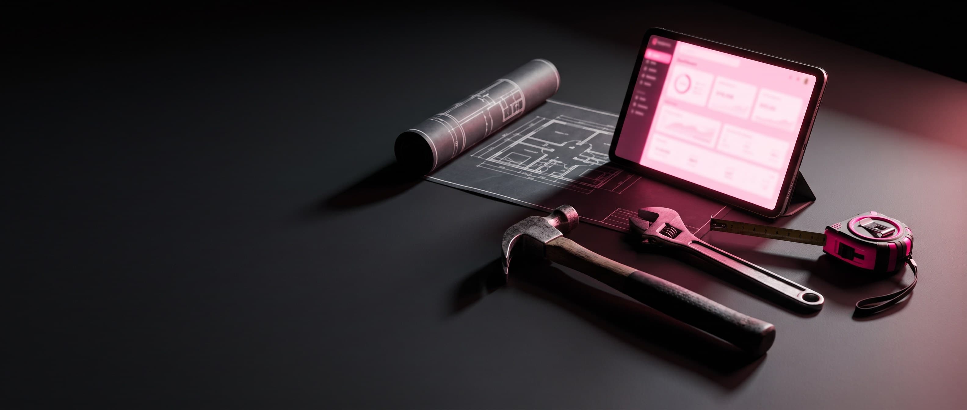 A tradesperson's workbench with blueprints, tools, and a tablet showing a glowing pink business dashboard