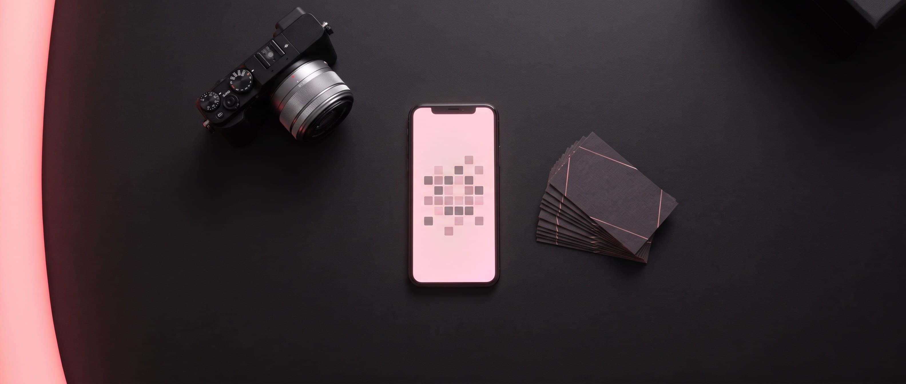 A camera, a phone showing a content calendar, and a stack of branded graphic cards laid out on a dark desk